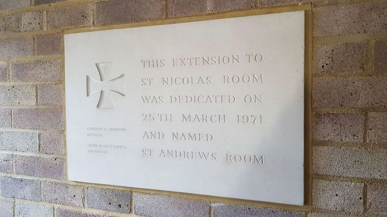 The plaque outside St Andrews Room