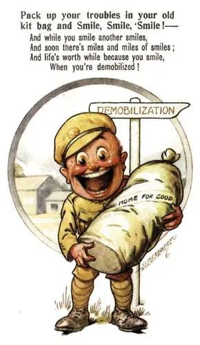 Demob postcard of 1919, by Doug Tempest, published by Barnforth & Co