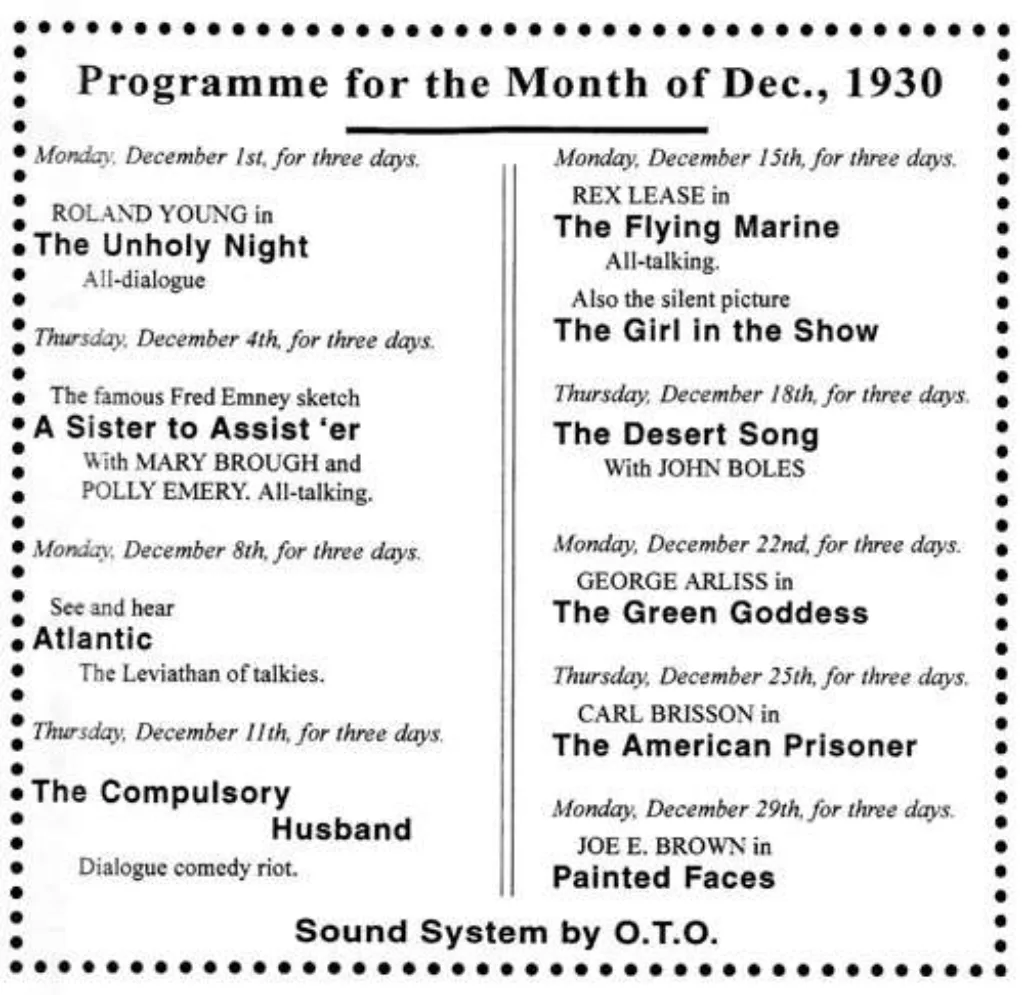 The cinemas programme for December 1930