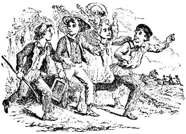 Children playing truant notice the slate carried by the second boy
