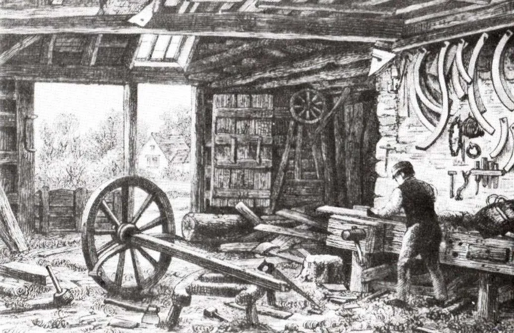 A wheelwrights shop in Shere an illustration from a childrens book of 1887