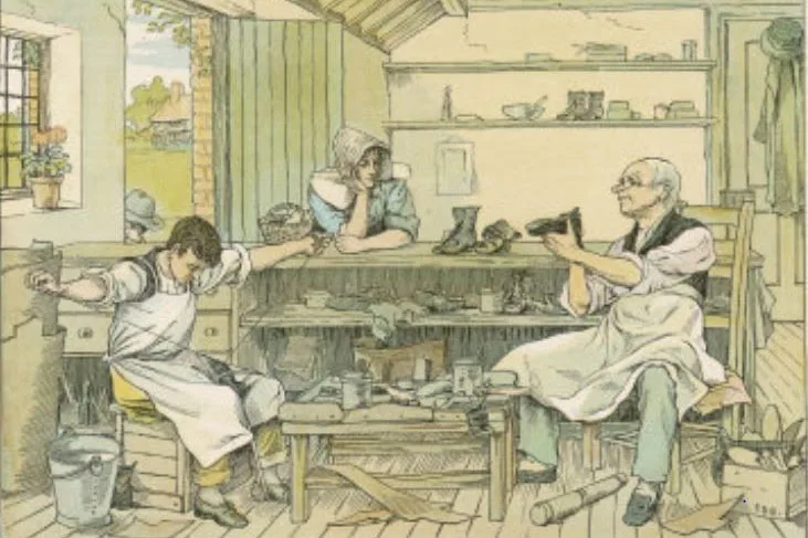 A cobbler and his apprentice in a hut similar to the one on Cranleigh Common