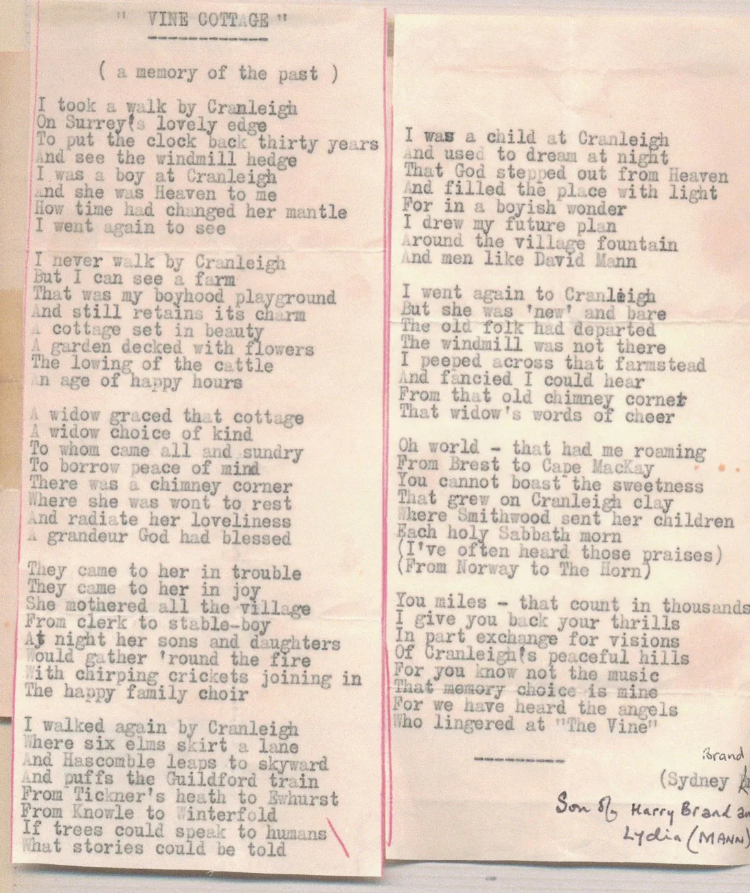 This poem was written by another grandchild of Jesse and Sabina Mann, Sydney Brand (born 1892), evidently in the 1920s
