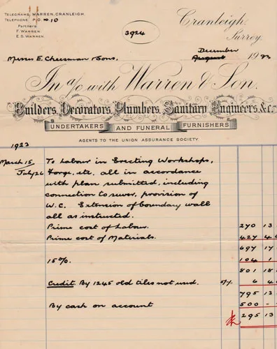 Warrens invoice for their new workshop and forge in the Village, 1923