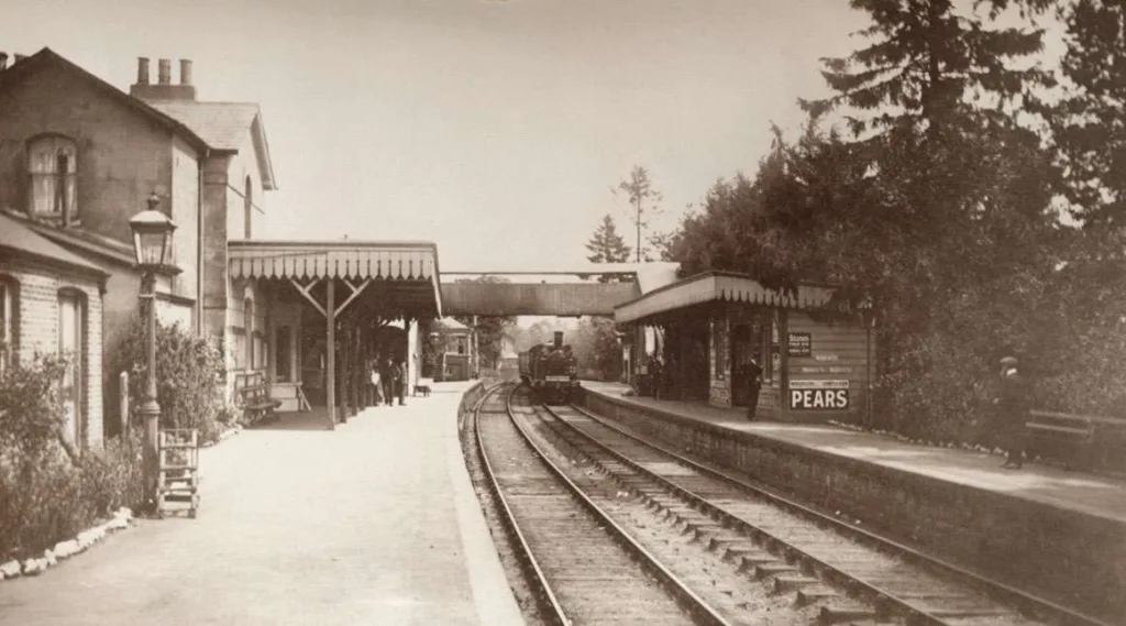 Cranleigh station in 1908, with the ubiquitous Pears Soap advert (Frith)