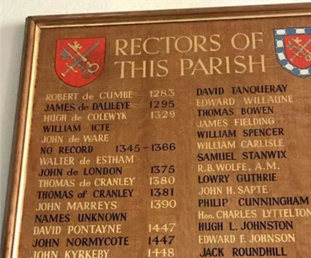 Part of the list of rectors displayed in Cranleigh parish church showing Thomas Cranley