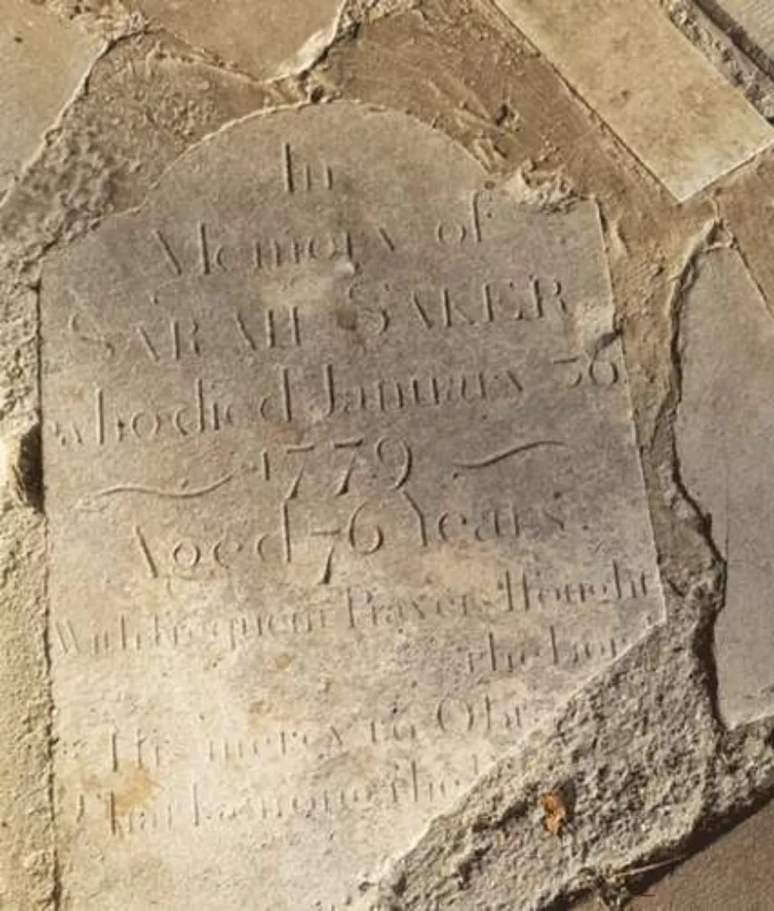 The beautifully inscribed gravestone of Sarah Saker