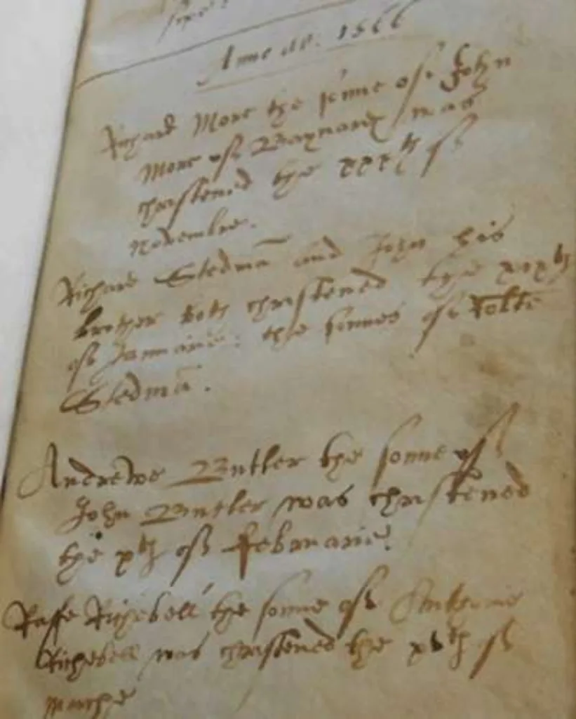 The very first entries in the Parish Register of Christenings in 1566