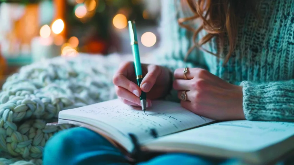 Woman writes her thoughts in the diary notebook with a pen with