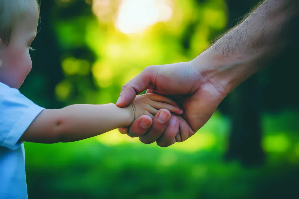 Father holds a child’s hand in a heartwarming gesture, set again