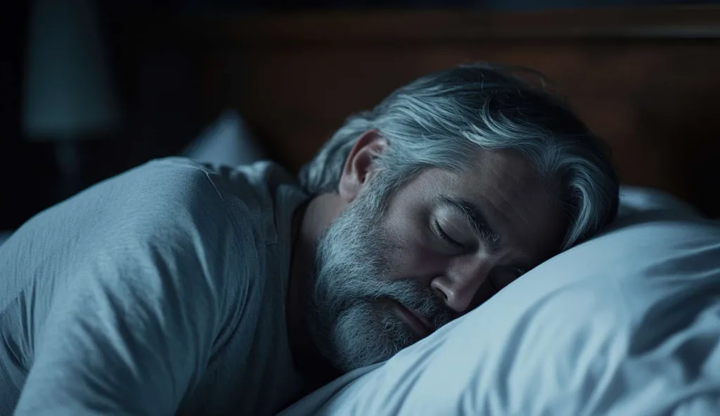 Man Sleeps Deeply on Pillow, Restful Night’s Sleep, Peaceful Slumber, Tranquil Rest, Comfortable Bedding, Serene Dreams, Deep Relaxation, Restorative Sleep, Quiet Night, Healthy Sleep Habits