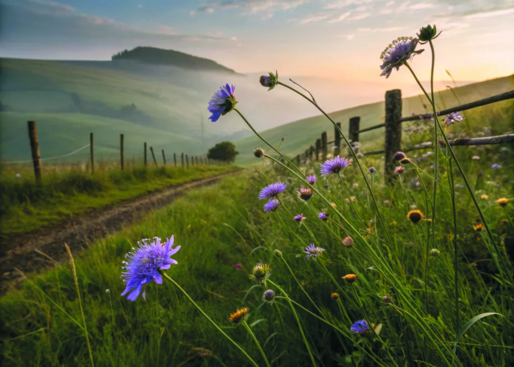 Dramatic Chiaroscuro Landscape Featuring Devil’s Bit Scabious in