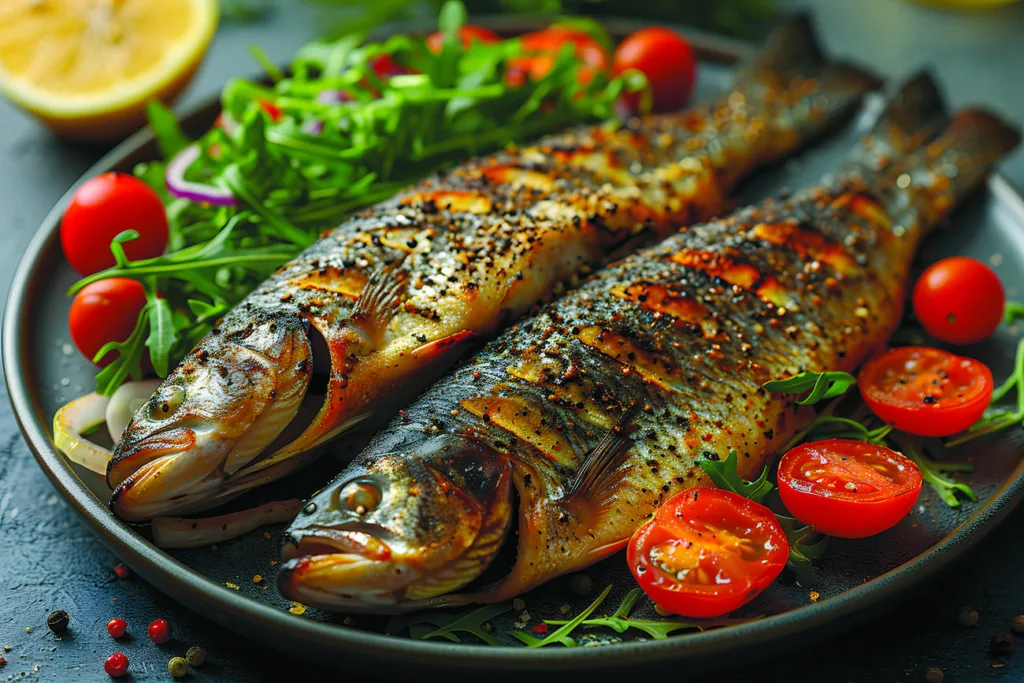Grilled Whole Fish with Fresh Vegetables on a Plate – Healthy Gourmet Meal Concept for Food Photography