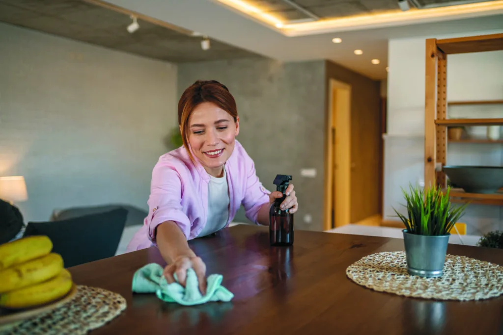 Housewife cleaning wooden table with disinfectant spray and micr