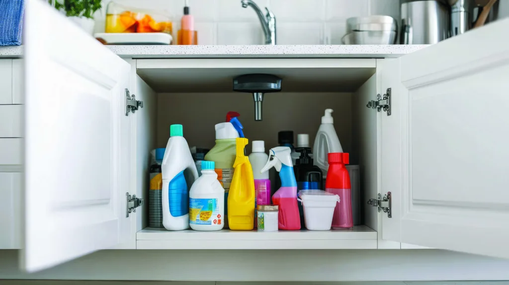 Open cabinet with a variety of cleaning supplies neatly arranged.