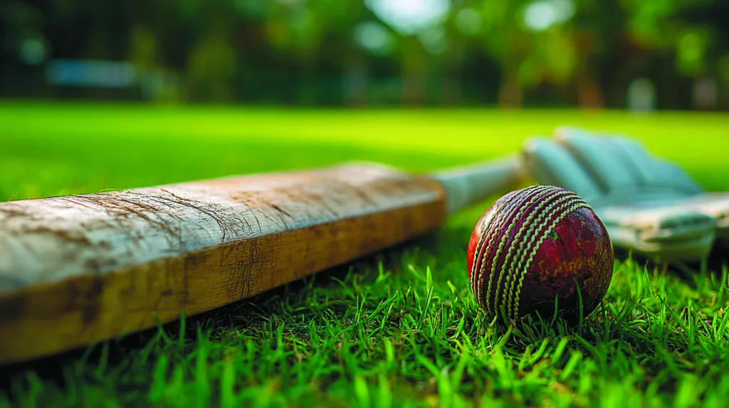 Close up of cricket ball and bat lying on green grass field in a