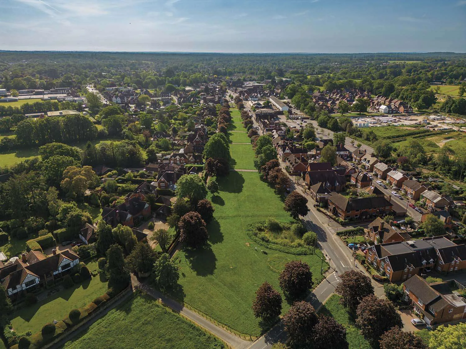 Aerial view over Cranleigh village and common