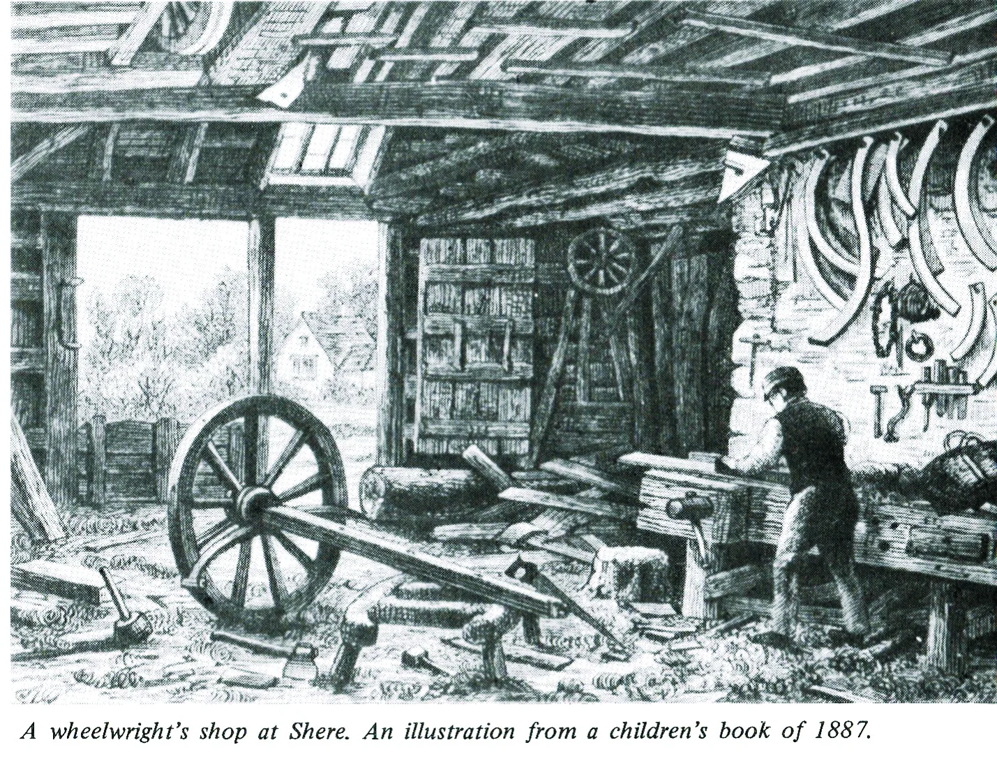 A wheelwright's shop at Shere in 1887, with tools, timber and a part-built wheel.