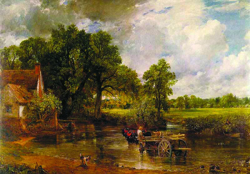 John Constable's painting 'The Hay Wain' showing a horse-drawn wagon crossing a shallow river beside a cottage.