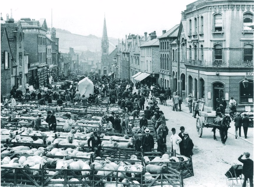 A traditional market in North Street, Guildford, photographed in 1896