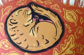 An illustration of a hazel dormouse curled up asleep among autumn leaves