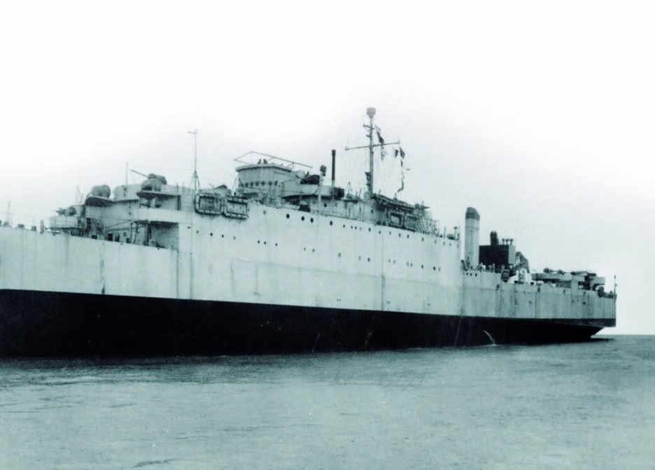 HMS Eastway, an amphibious landing ship with a rear loading deck