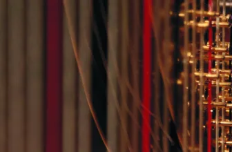 Close-up of taut harp strings catching warm red and gold light