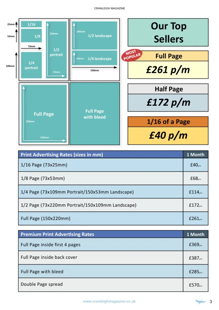 Cranleigh Magazine 2026 rate card showing advert sizes and monthly prices
