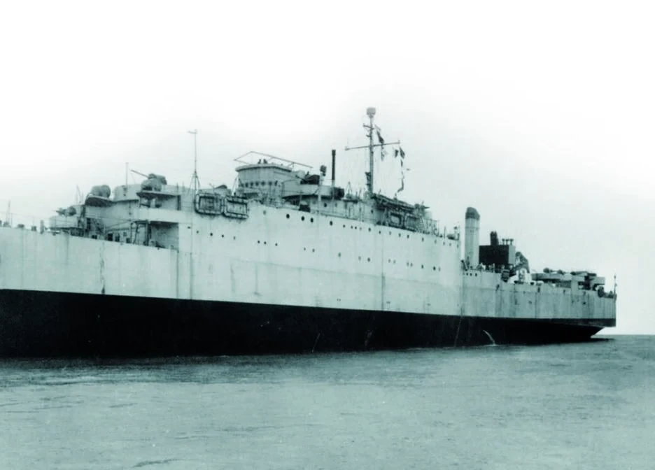 HMS Eastway, an amphibious landing ship with a rear loading deck