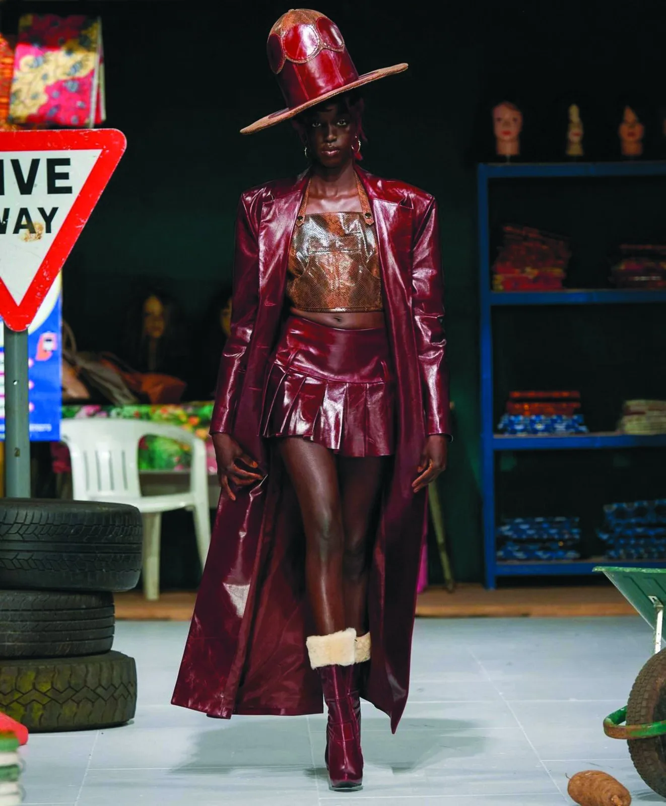 A tall crown leather piece for London Fashion Week with Tolu Coker