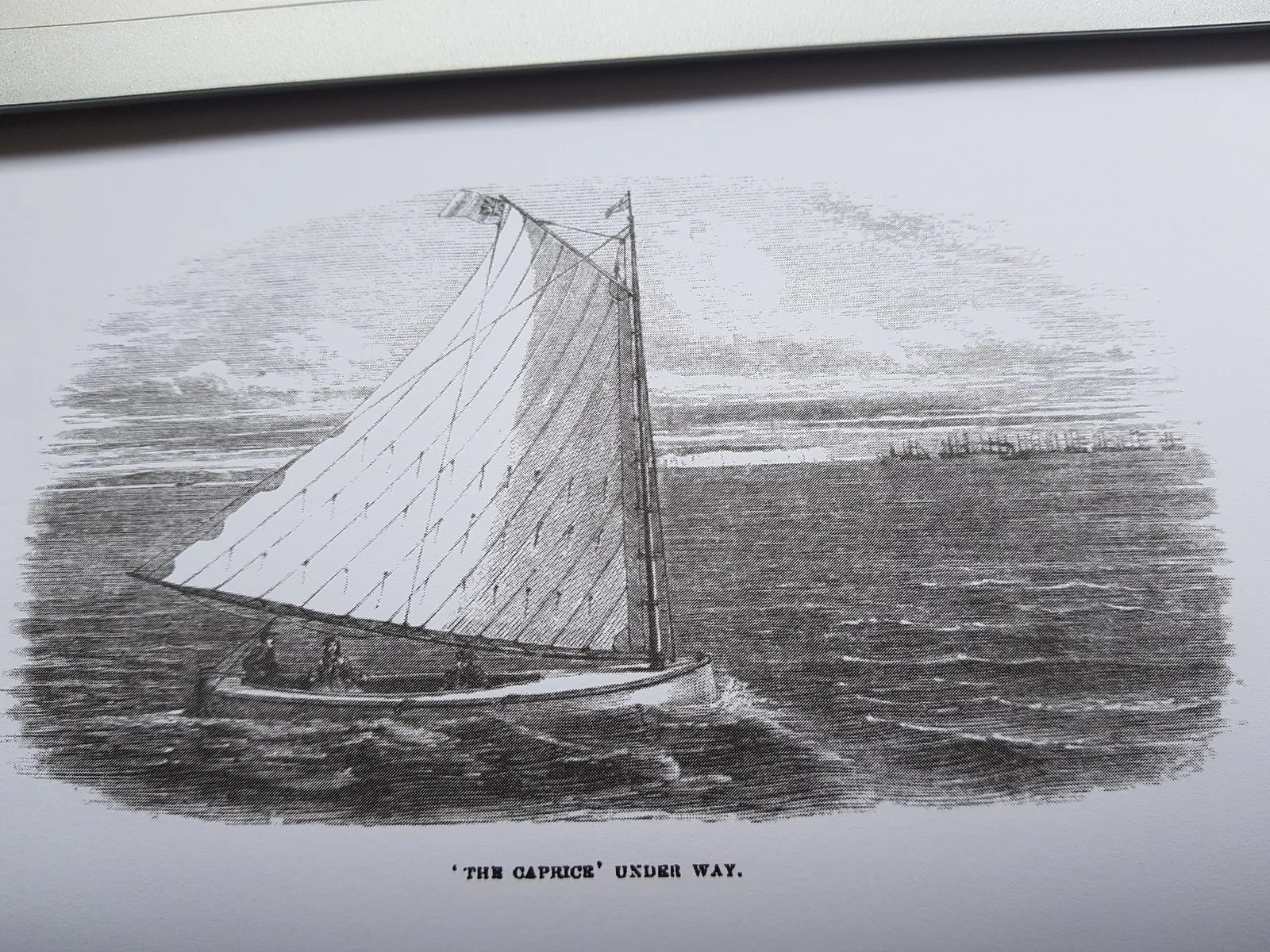 An 1868 illustration of the Una boat Caprice under way on the water
