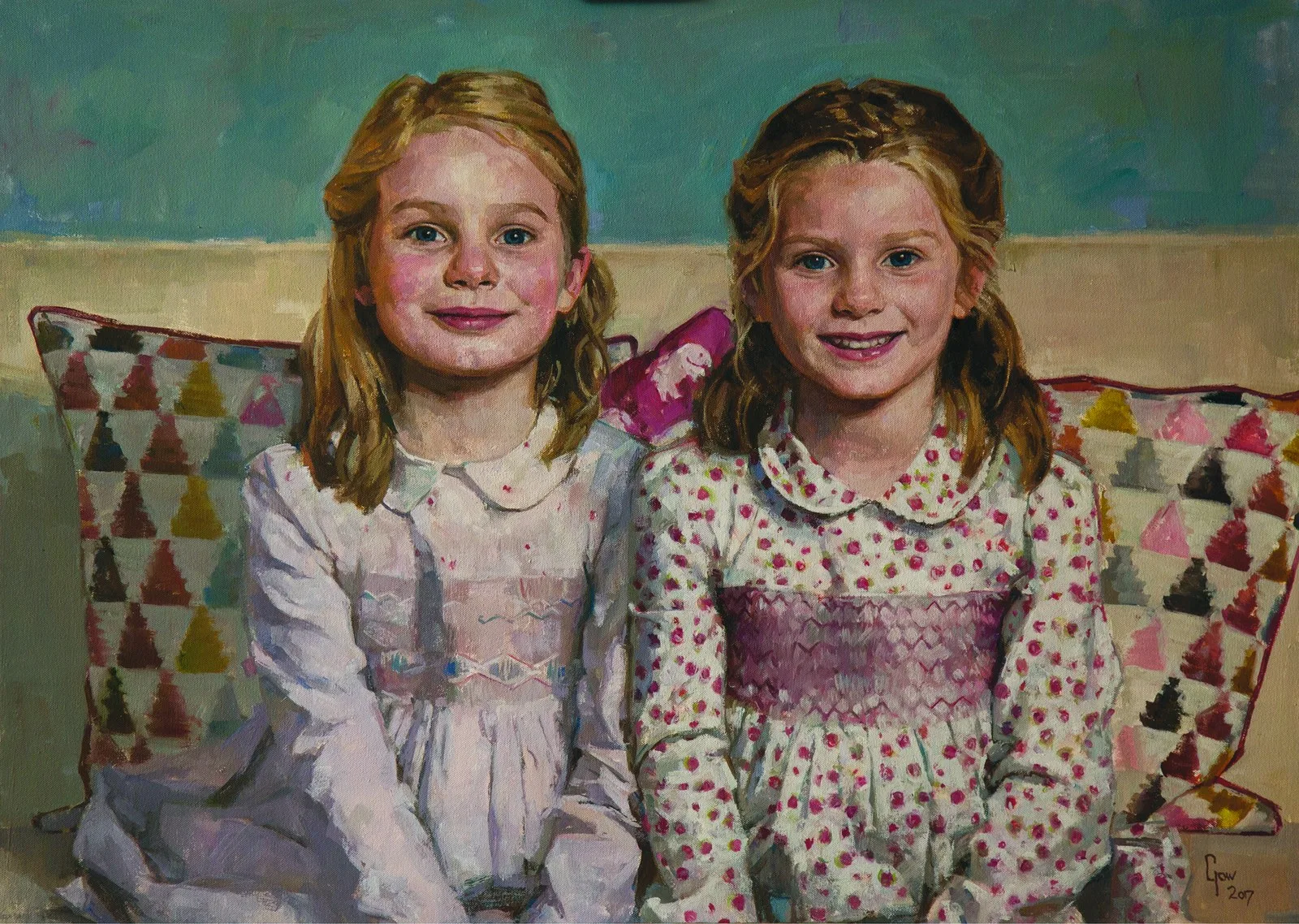 Chloe and Faye, an oil on canvas double portrait by Andrew Gow