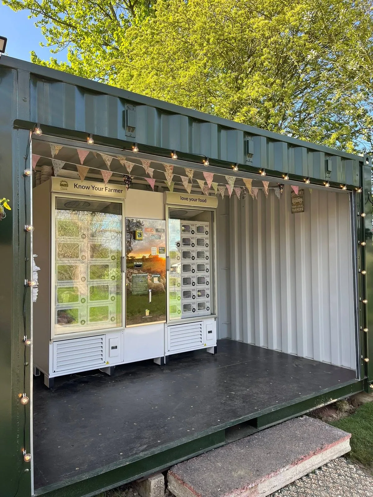 The Ivelle Farm Harvest Larder meat vending machine inside a converted shipping container