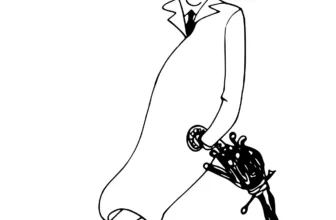 A black and white line drawing of a man in a beret and long coat carrying a furled umbrella