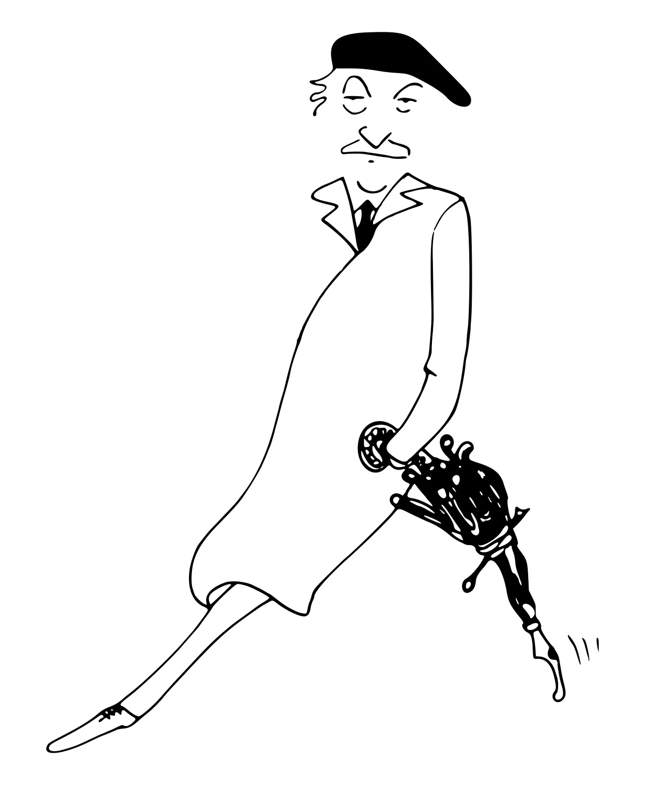 A black and white line drawing of a man in a beret and long coat carrying a furled umbrella