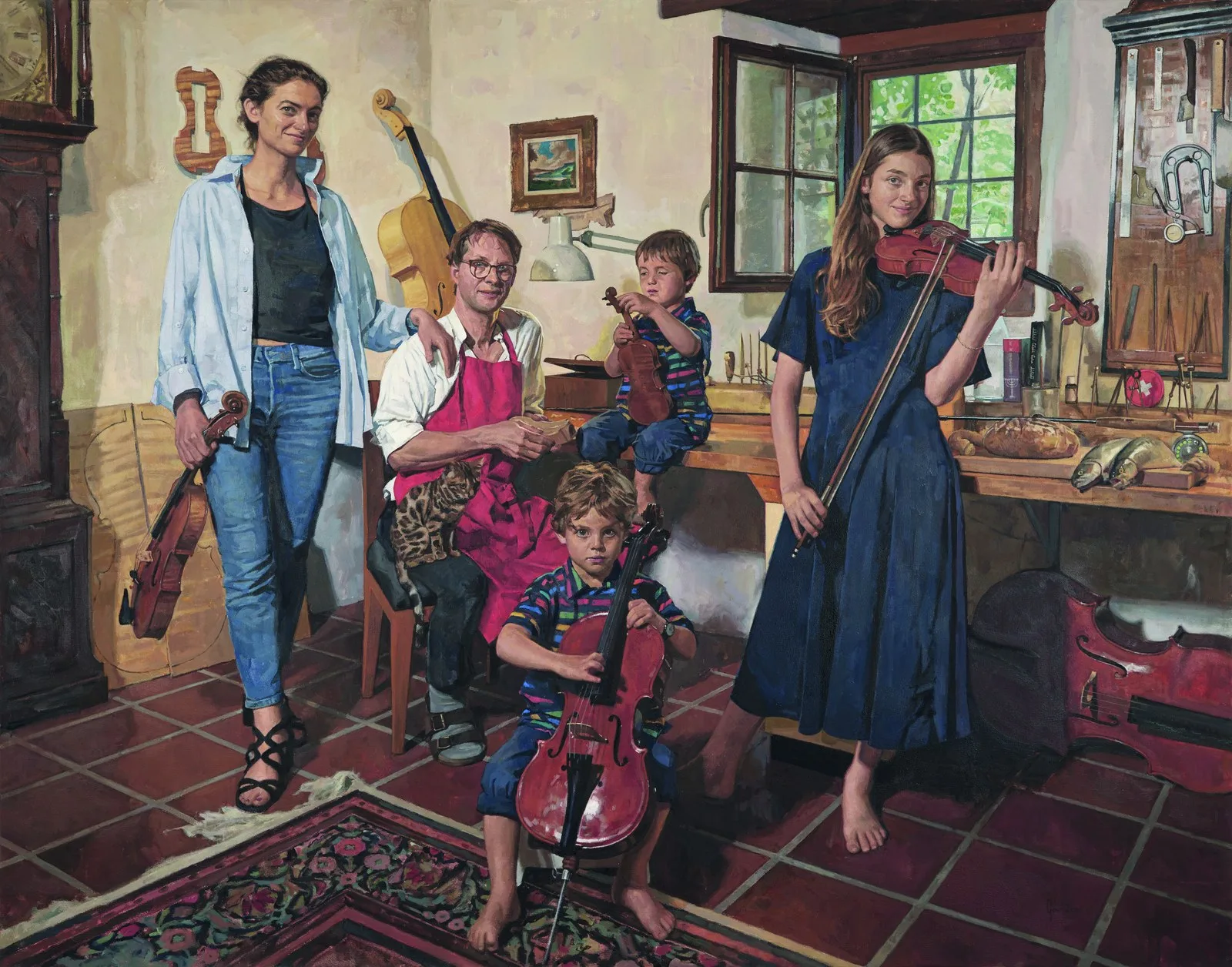 Violin maker and family, an oil on canvas group portrait by Andrew Gow