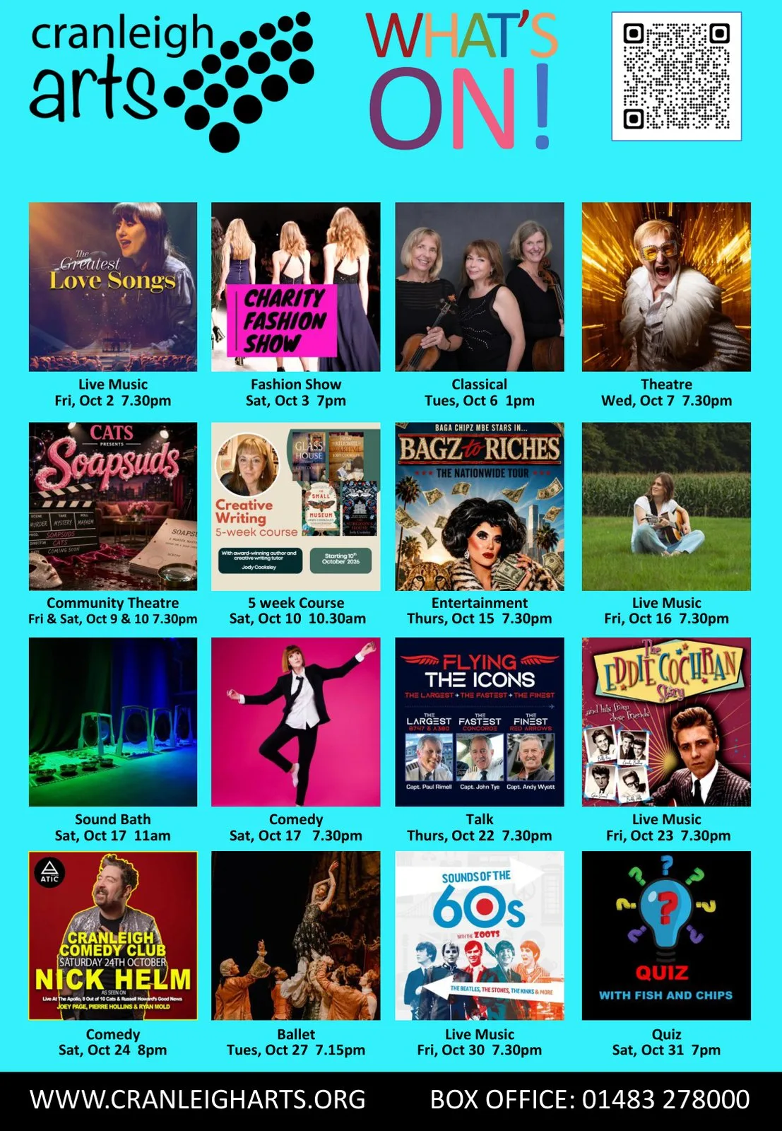 The Cranleigh Arts What's On poster for October 2026, a grid of sixteen events
