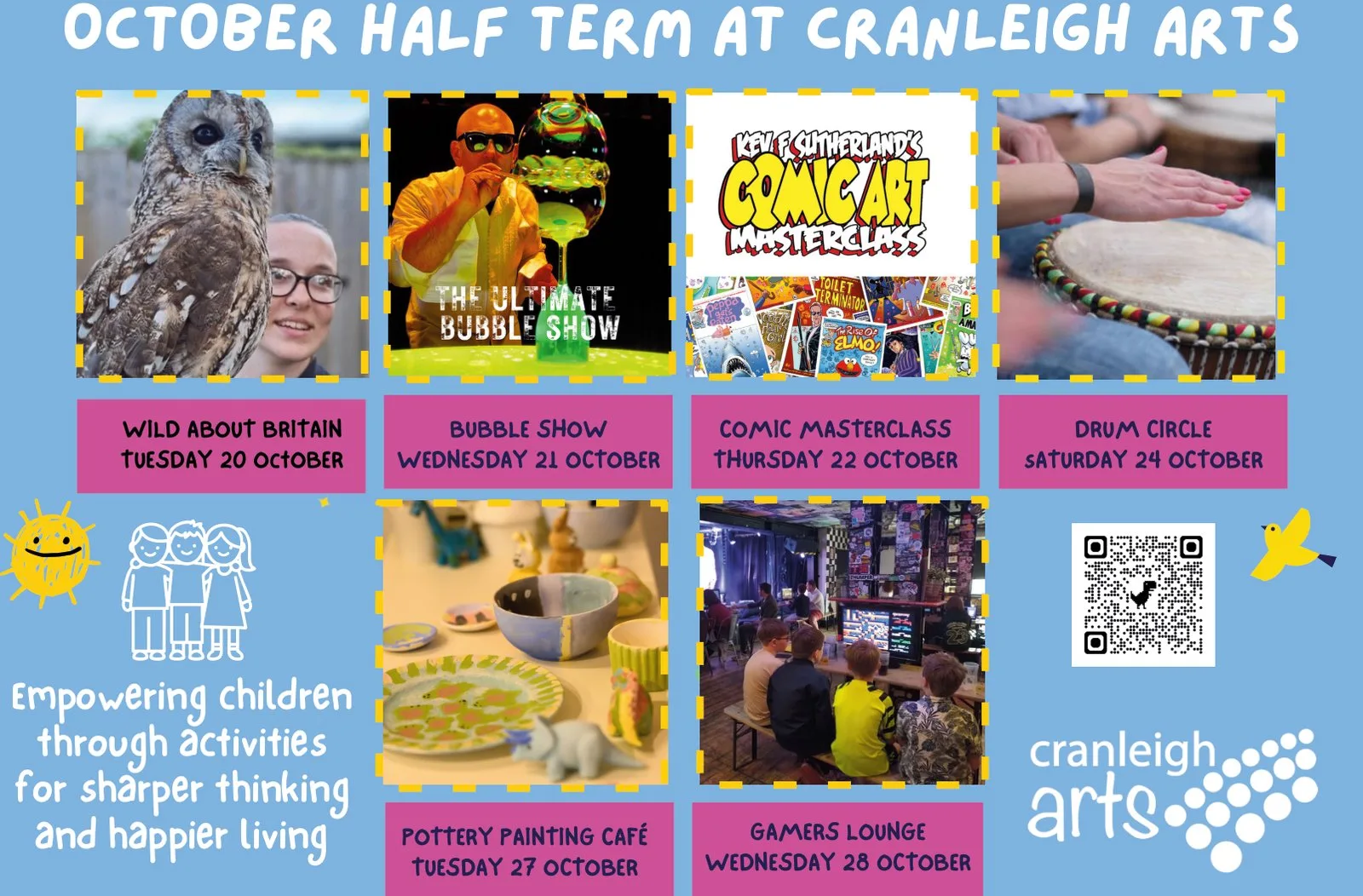 The Cranleigh Arts October half term poster, with six activities for children