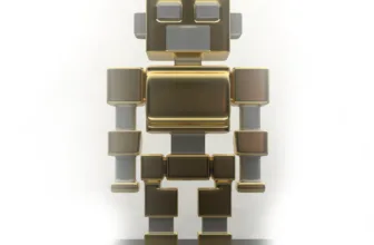 A gold and grey toy robot with a square head and an aerial
