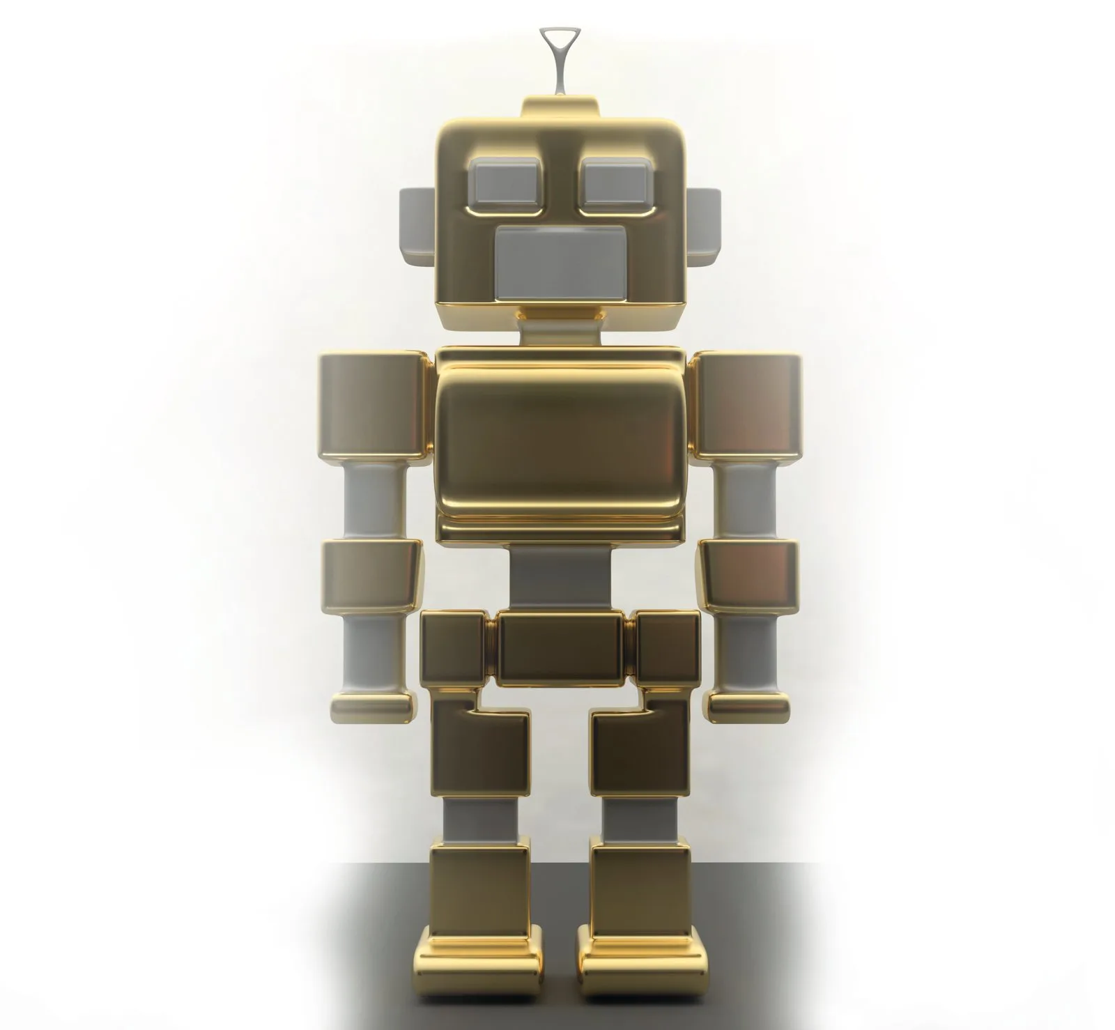 A gold and grey toy robot with a square head and an aerial
