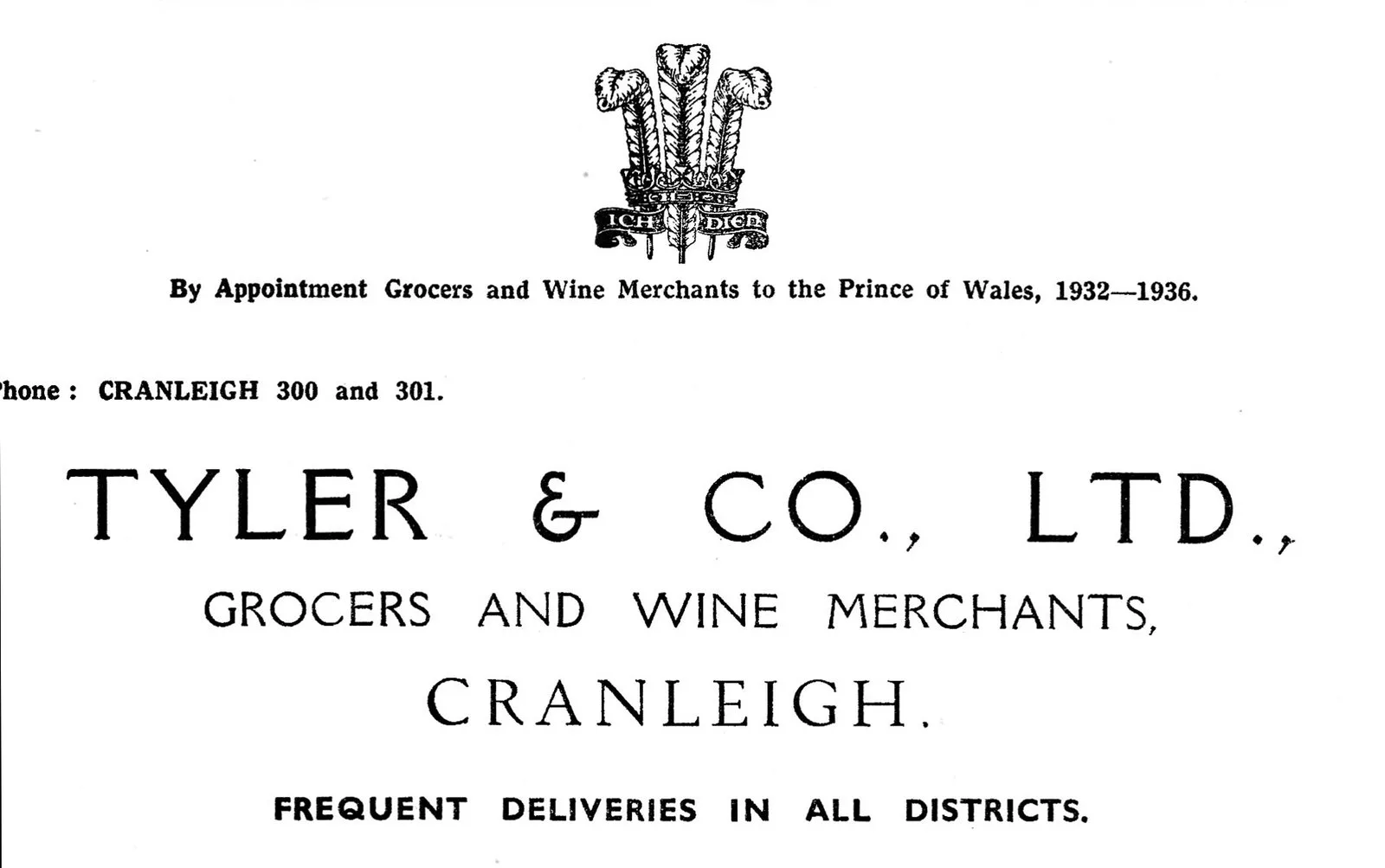 A 1952 advert for Tyler and Co. Ltd., grocers and wine merchants, Cranleigh, with the Prince of Wales's feathers